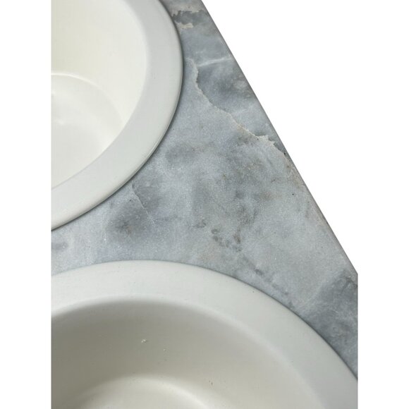 Elevated Pet Feeder x 2 Enamel Bowl Set Oak Hard Wood Base Marble Top Dog Cat - Picture 14 of 14